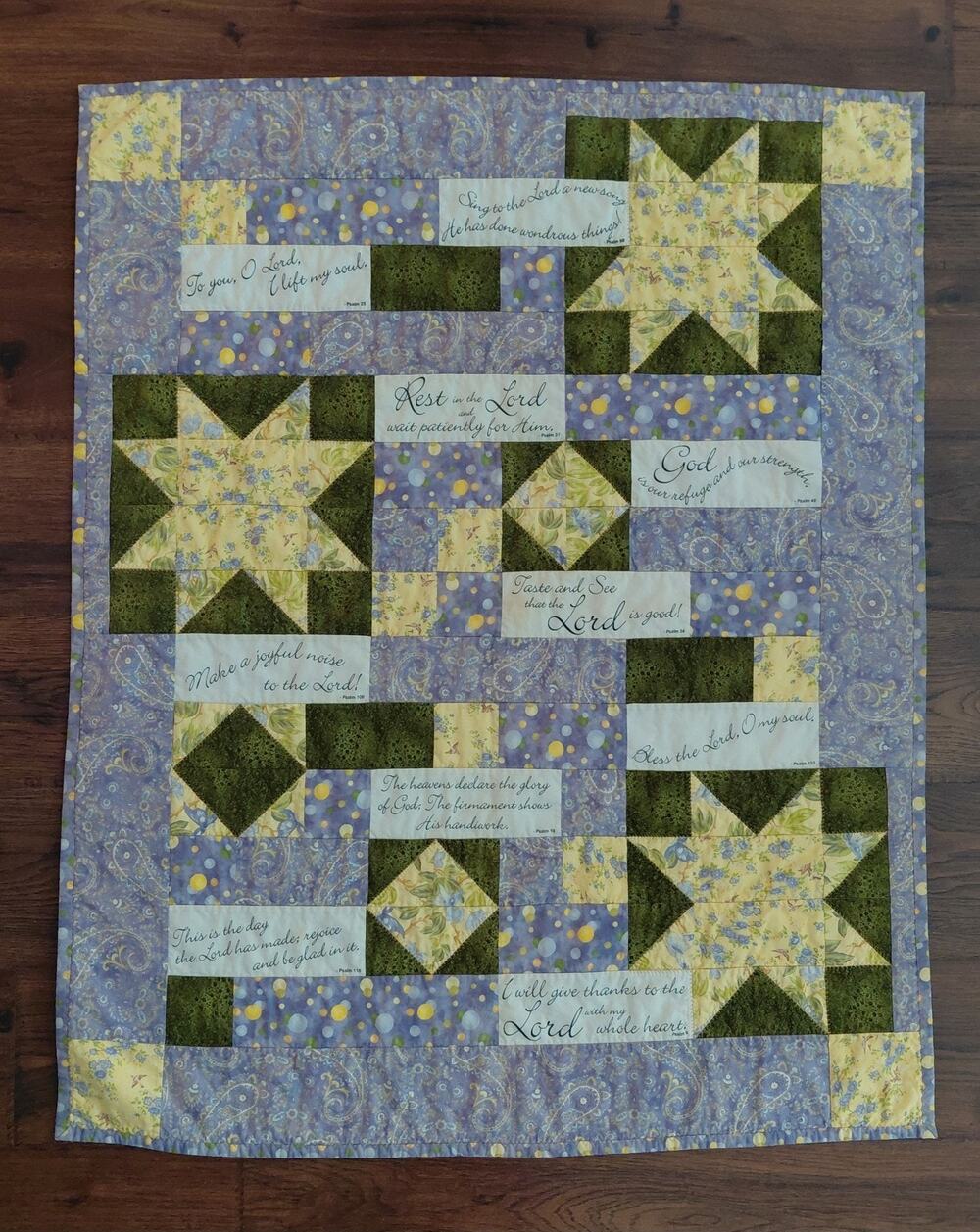 Handcrafted Comfort of Psalms Scripture Quilt Wall Hanging Blue Purple 37"x 45"